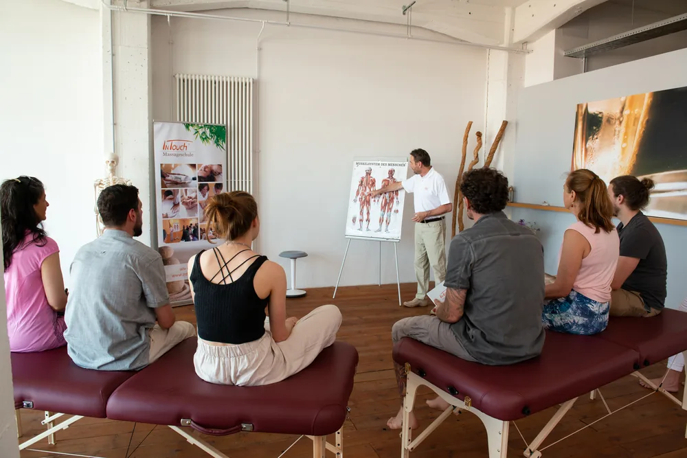 Die Gruppe sitzt auf den Liegen, ein Trainer erklärt am Anatomie-Plakat